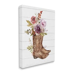 Country Floral Boots Arrangement Design by Nina Blue Unframed Nature Art Print 20 in. x 16 in.