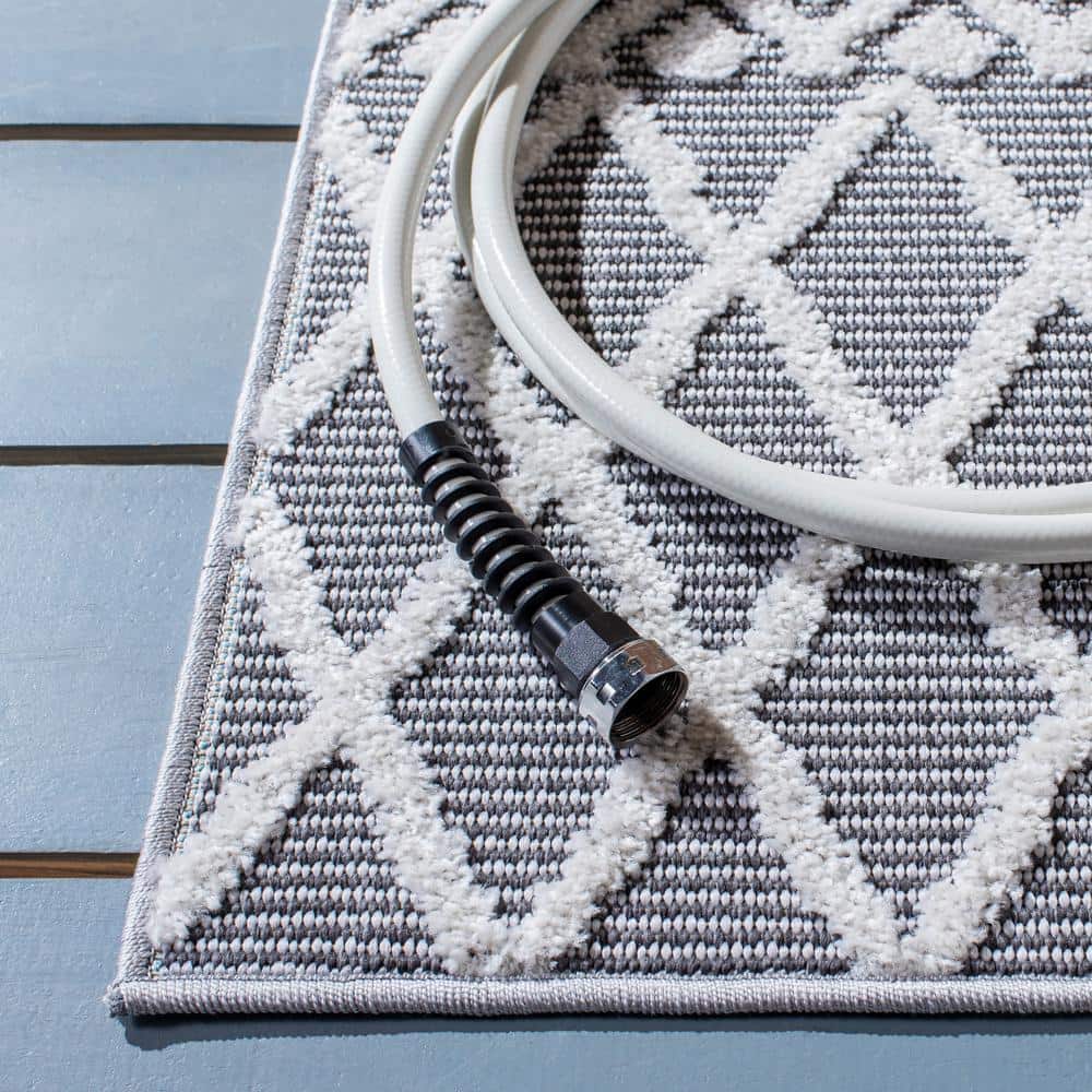 Ivory and Grey Geometric 9' x 12' Synthetic Indoor/Outdoor Rug