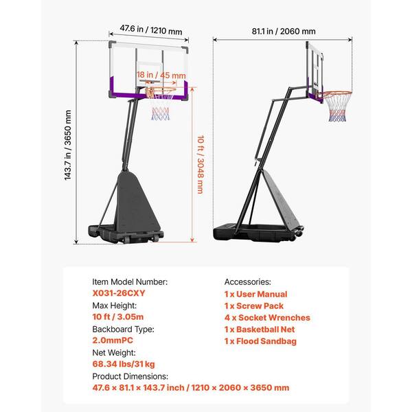 SKYSHALO Portable Basketball Stand, 10 ft. Height Adjustment