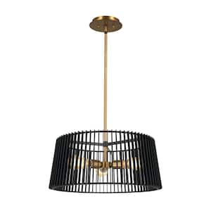 Linara 3-Light Black and Natural Brass Mid Century Modern Cage Kitchen Convertible Pendant Hanging Light to Semi-Flush