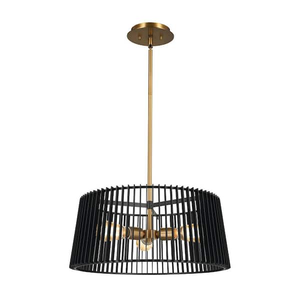 KICHLER Linara 3-Light Black and Natural Brass Mid Century Modern Cage Kitchen Convertible Pendant Hanging Light to Semi-Flush