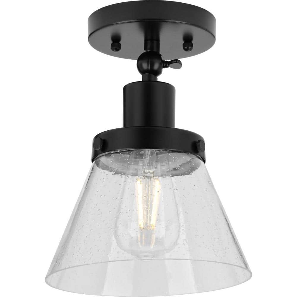 Matte Black and Seeded Glass Industrial Flush Mount Ceiling Light