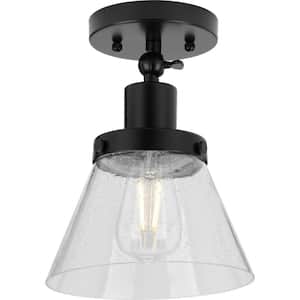 Hinton 1-Light Matte Black Seeded Glass Industrial Flush Mount Ceiling Light