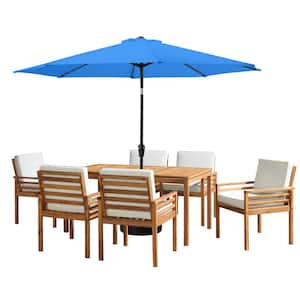 8 -Piece Set, Okemo Wood Outdoor Dining Table Set with 6 Cushioned Chairs, 10 ft. Auto Tilt Umbrella Brilliant Blue