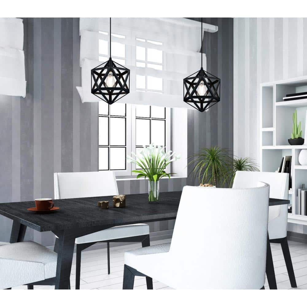 Contemporary Matte Black Geometric Pendant Light 63" Height