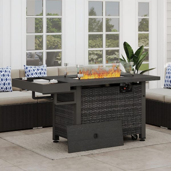 52 in. 50,000 BTU Wicker Outdoor Propane Fire Pit Table with Storage Shelf, Glass Wind Guard, Rain Cover, Gray