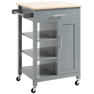 Grey Rubberwood Top Kitchen Cart on Wheels, Rolling Utility Trolley Cart with Storage Shelf & Drawer for Dining Room