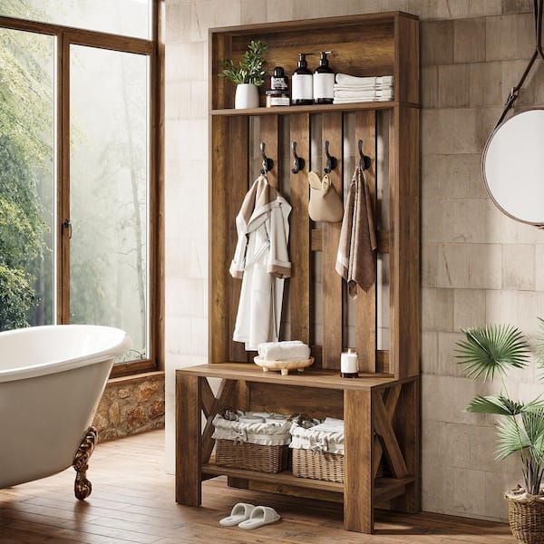 BYBLIGHT Brown Engineered Wood Hall Tree with Shoe Storage and 4