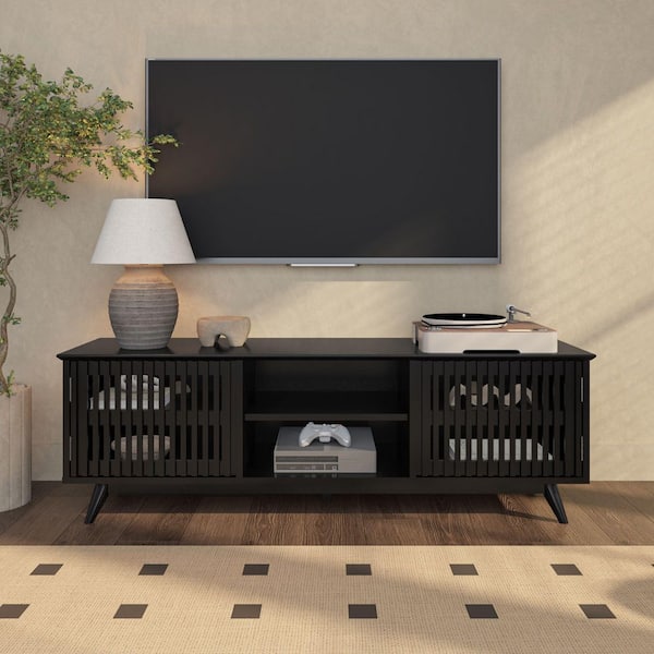 Contour Black TV Stand Fits Up to 65 in. with 2 Slatted Doors