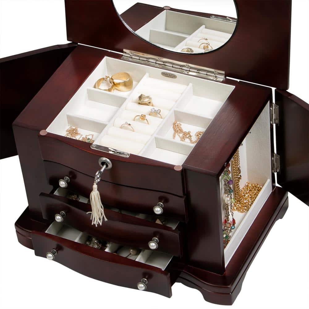 Mahogany Women's Locking Wooden Jewelry Box with 3 Drawers