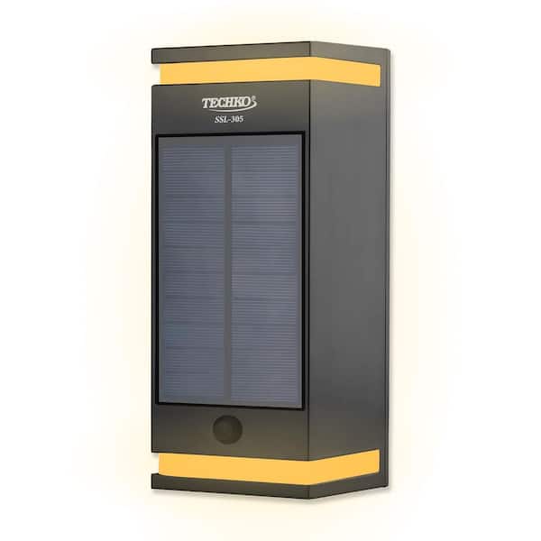 TECHKO 122 Lumens Solar Outdoor Black Wall Light Sconce Integrated LED with Dual Color Modes
