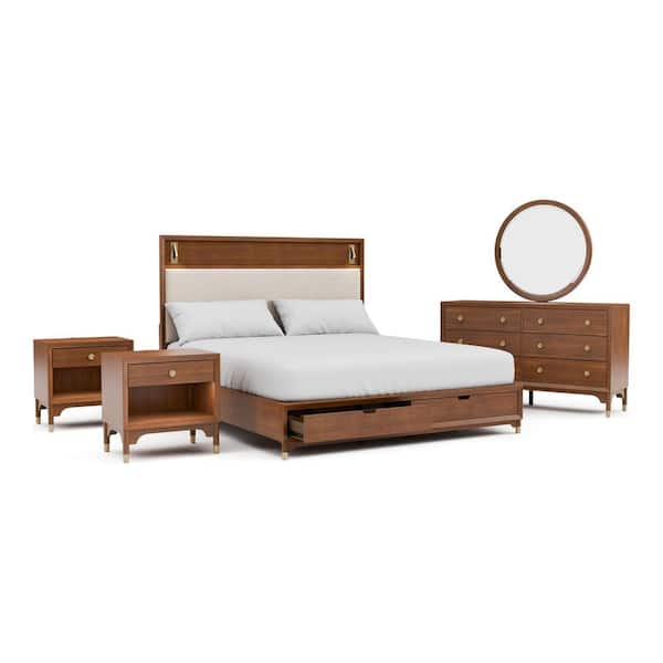 Forma 5-Piece Mid Century Walnut Wood King Storage Platform Bedroom Set with Reading Lights