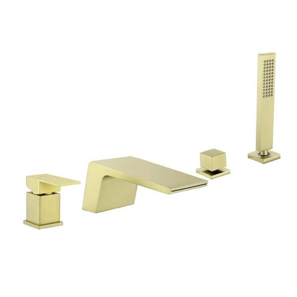 Boyel Living Single-Handle Tub Deck Mount Roman Tub Faucet with Hand Shower and Water Suply Hose in Brushed Gold