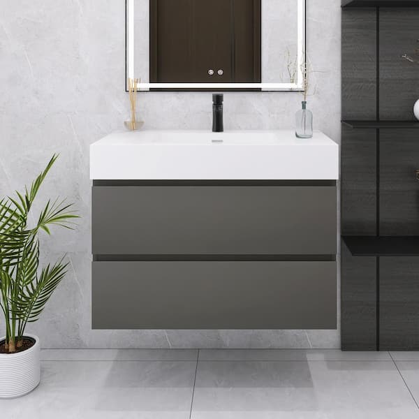 36 in. W x 18 in. D x 25 in. H Single Sink Wall Mounted Bath Vanity with White Cultured Marble Top in Space Grey