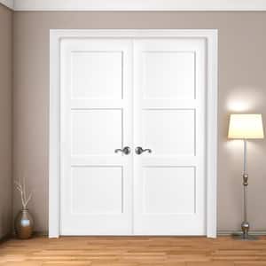 48 in. x 80 in. 3-Panel Equal Shaker White Primed Solid Core Wood Double Prehung Interior Door with Nickel Hinges