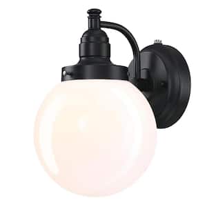 Eddystone 1-Light Matte Black Outdoor Wall Mount Sconce with White Opal Glass, Dusk to Dawn Sensor