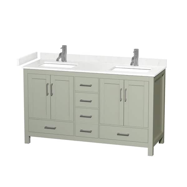 Wyndham Collection Sheffield 60 in. W x 22 in. D x 35 in . H Double Bath Vanity in Light Green with Carrara Cultured Marble Top