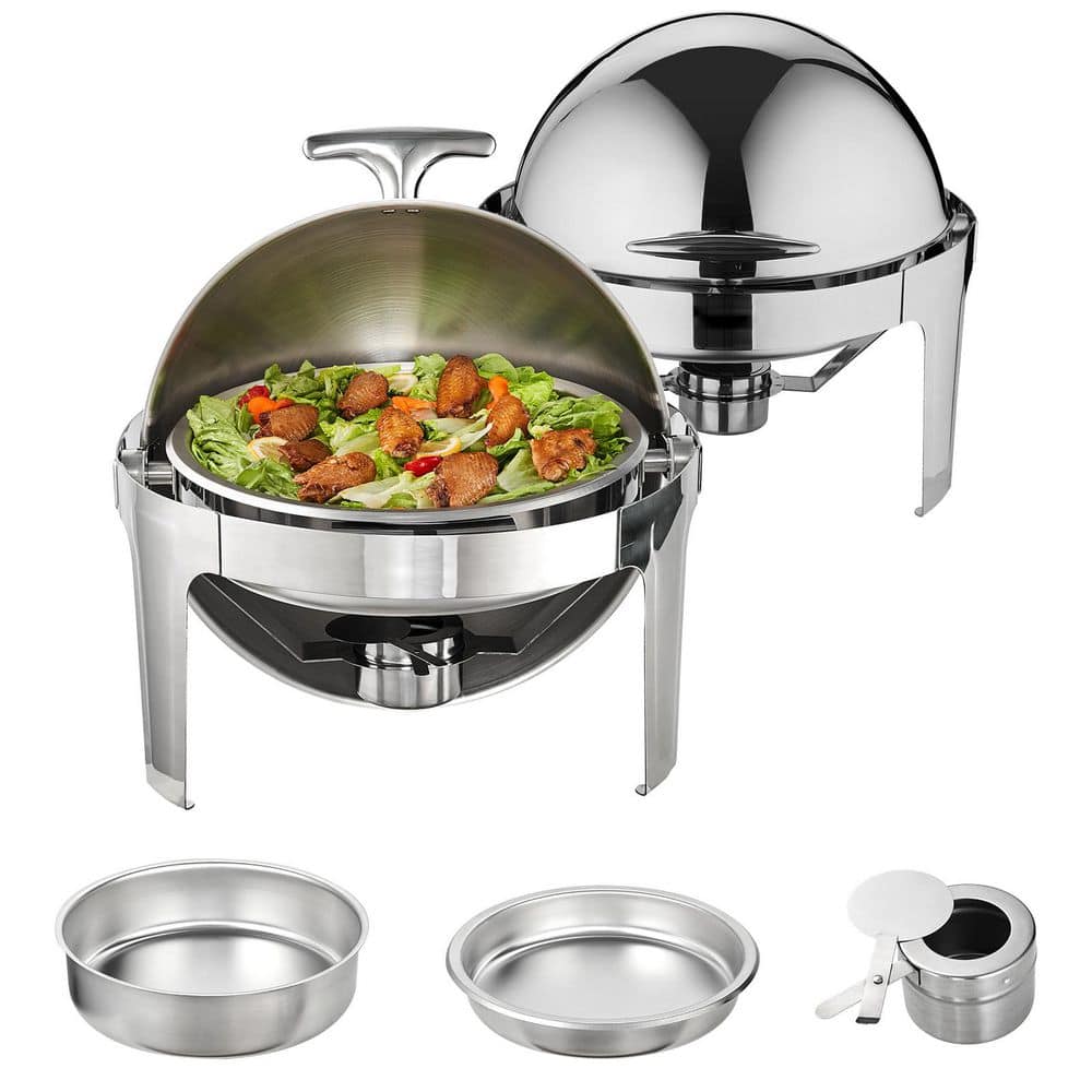 6 Qt. Roll Top Chafing Dish Set, 2-Pack, Stainless Steel Chafer, Full-Size Pans, Catering Warmer, Lid, Fuel Holder