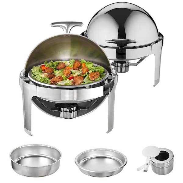 6 Qt. Roll Top Chafing Dish Set, 2-Pack, Stainless Steel Chafer, Full-Size Pans, Catering Warmer, Lid, Fuel Holder