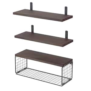 Brown 6 in. x 16.5 in. Wooden Floating Storage Rack, Decorative Wall Shelf Bathroom Partition with Tissue Basket