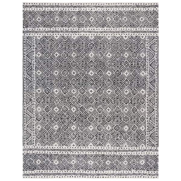 Micro-Loop 9 ft. x 12 ft. Black/Ivory Multi-Diamond Border Area Rug