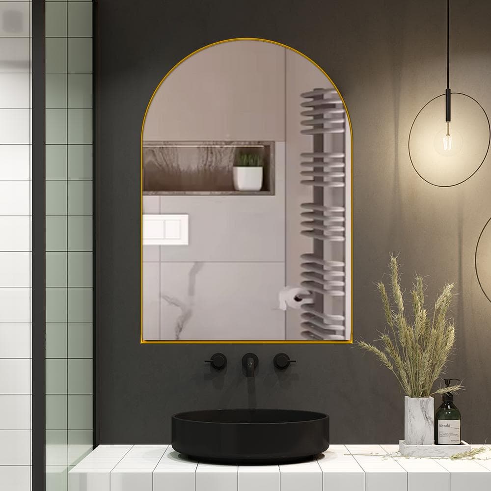 Matte Gold 24 in. W x 36 in. H Arched Metal Framed Mirror with Wall Cabinet