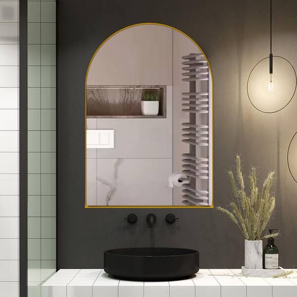 Unbranded Matte Gold 24 in. W x 36 in. H Arched Metal Framed Mirror with Wall Cabinet Storage and Adjustable Shelves for Bathroom