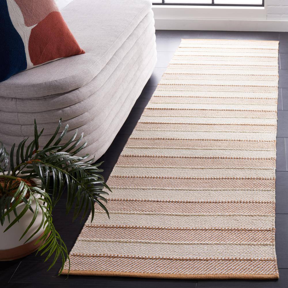 Beige and Gold Striped Wool Flat Woven Runner Rug