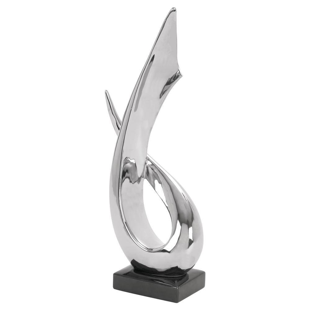 Silver Porcelain Abstract Sculpture with Black Base, 17" Height