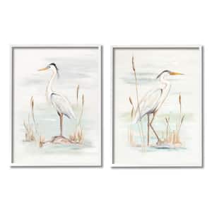 Elegant Heron Birds Cattails Plants In Water Painting Design By Patricia Pinto Framed Animal Art Print 30 in. x 24 in.