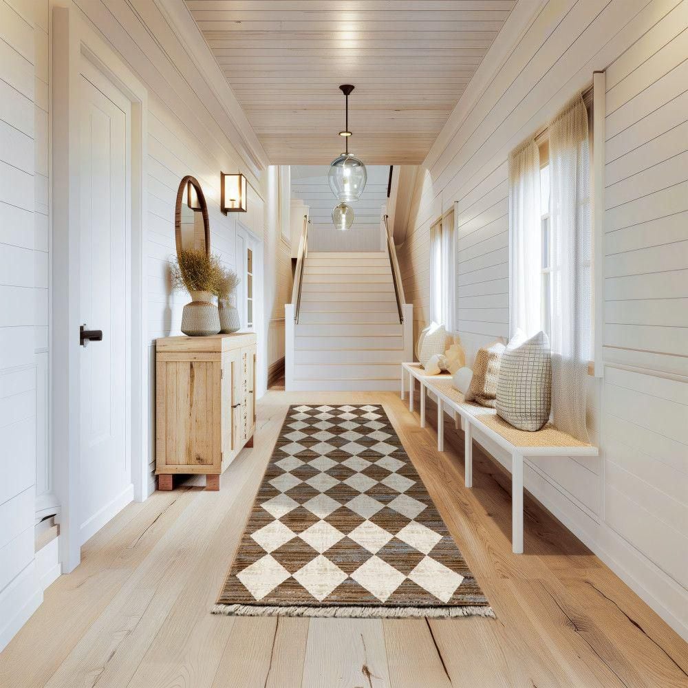 Meline Beige and Brown Checkered Rectangular Area Rug