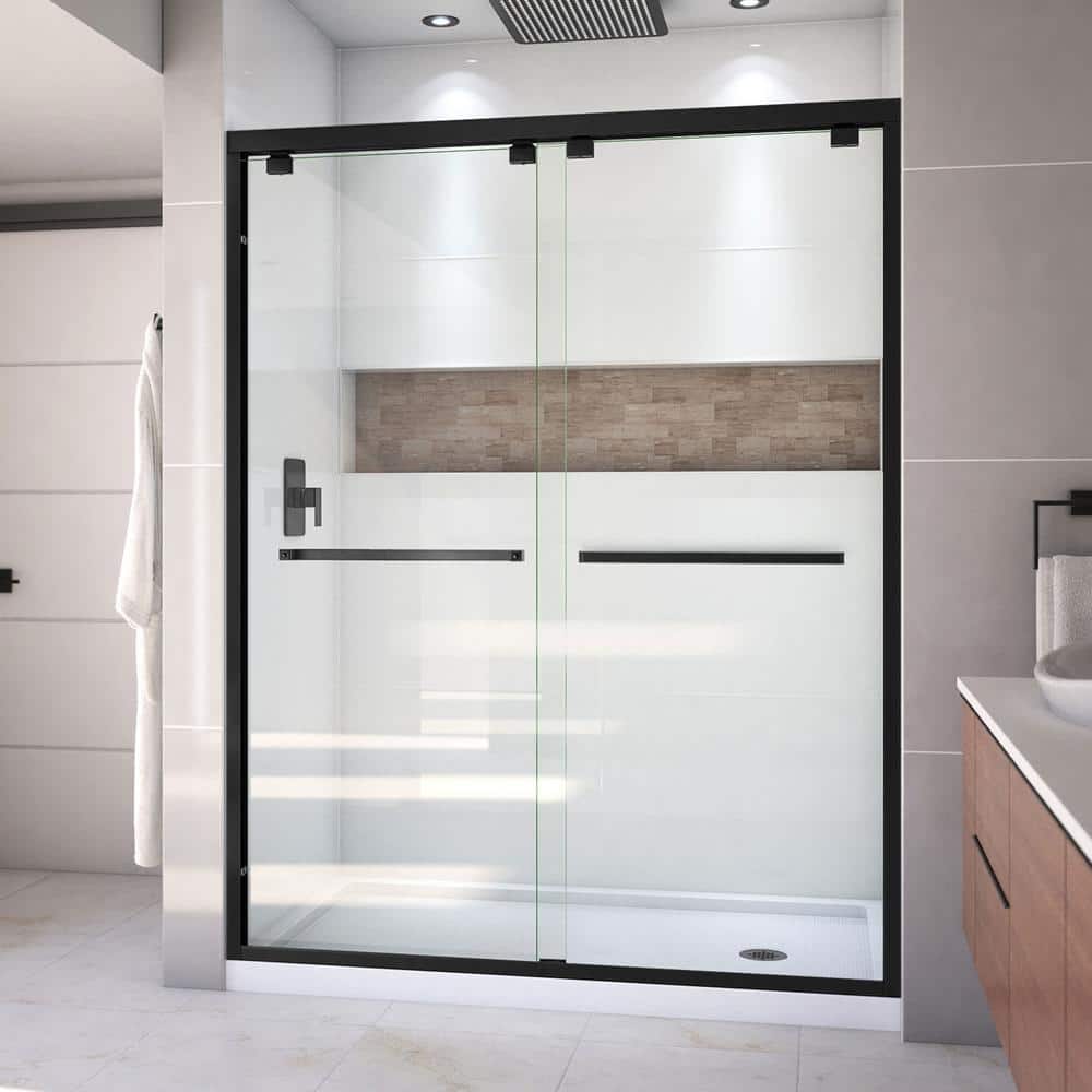 Encore 32 in. D x 60 in. W x 78.75 in. H Semi-Frameless Sliding Shower Door in Matte Black with Right Drain White Base price history on PriceWatchPro