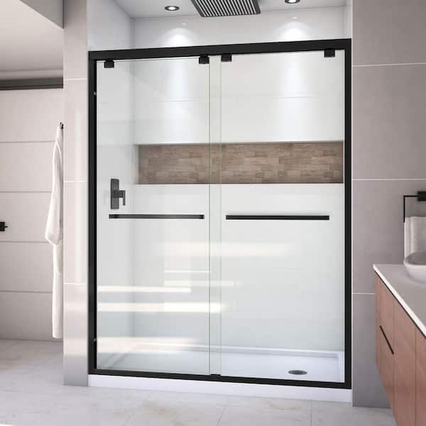 DreamLine Encore 32 in. D x 60 in. W x 78.75 in. H Semi-Frameless Sliding Shower Door in Matte Black with Right Drain White Base