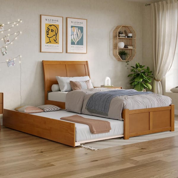 Portland Light Toffee Natural Bronze Solid Wood Frame Twin XL Platform Bed with Footboard and Twin XL Trundle