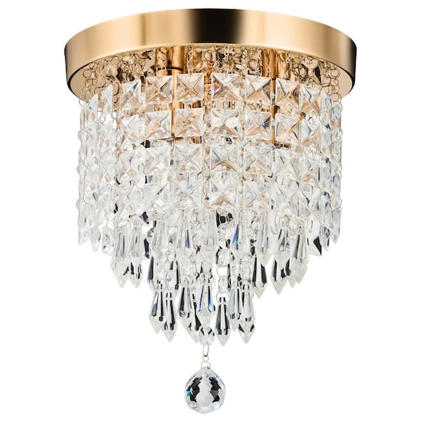 8.7 in. 3-Light Gold Flush Mount Chandelier Ceiling Light Fixture with K9 Crystals