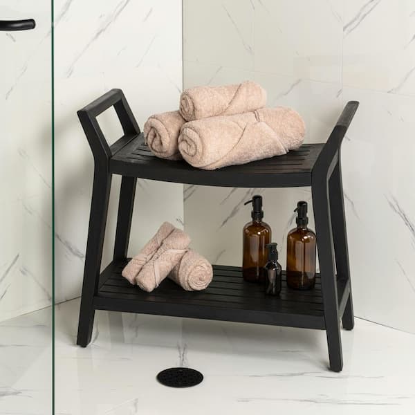 Orla 25.59 in. Modern Classic Slatted Solid Acacia Wood Indoor/Outdoor Shower Bench with Shelf and Handle, Black