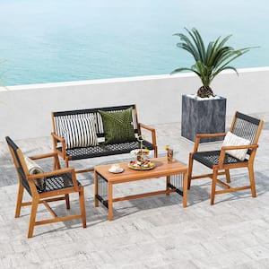 4-Piece Acacia Wood Patio Conversation Table and Chair Set Hand-Woven Rope Outdoor