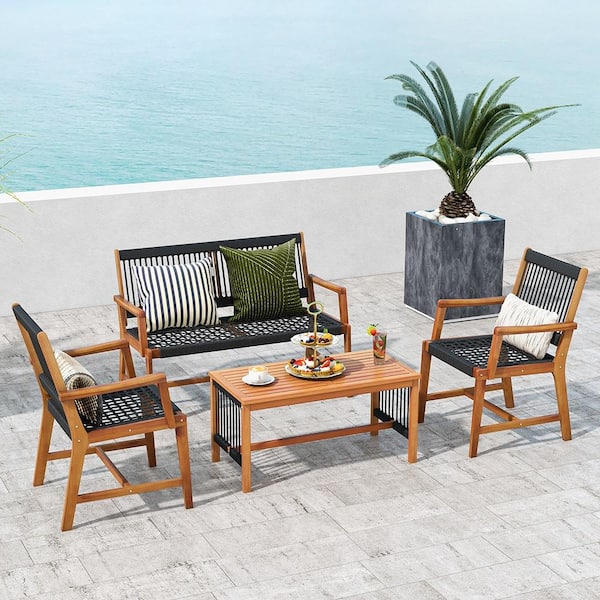 4-Piece Acacia Wood Patio Conversation Table and Chair Set Hand-Woven Rope Outdoor
