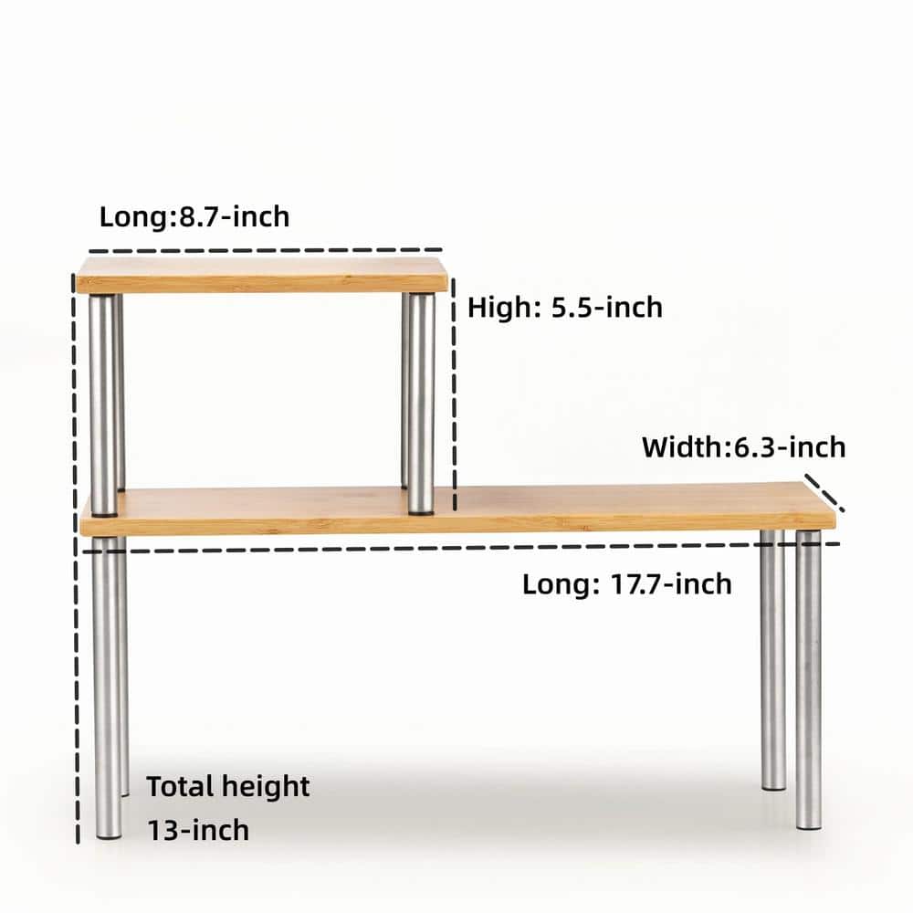 Bamboo and Stainless Steel 2-Tier Corner Storage Shelf