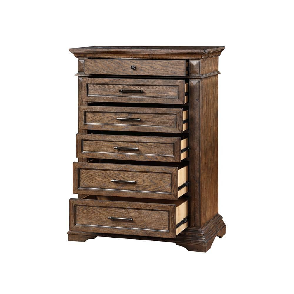 Brushed Walnut 6-Drawer Vertical Chest with Mirror