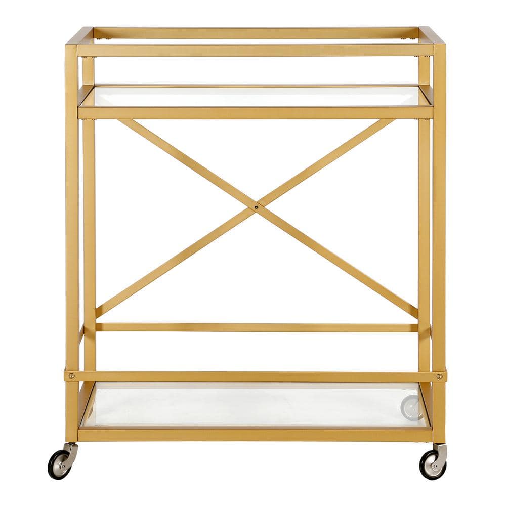 Modern Gold Metal 2-Tier Bar Cart with Glass Shelves and Storage