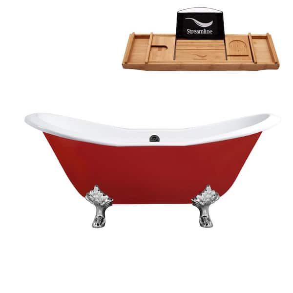 Streamline 61 in. Cast Iron Clawfoot Non-Whirlpool Bathtub in Glossy Red with Matte Black Drain and Polished Chrome Clawfeet