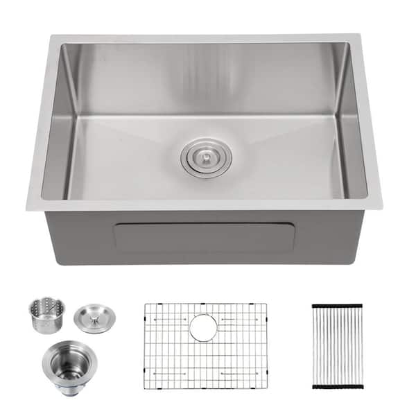 Qidian 26 in. Undermount Single Bowl 18-Gauge Brushed Nickel Stainless Steel Kitchen Sink with Bottom Grids