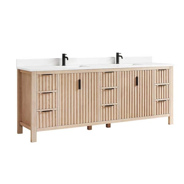 Shenzhen 84 in.W x 22 in.D x 33.9 in.D Double Bath Vanity in Aged Natural Oak with White Engineered Stone Top