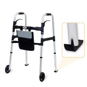 Easy Folding Rolling Walker in Aluminum Silver with Shopping bag Basket and Glide Skis