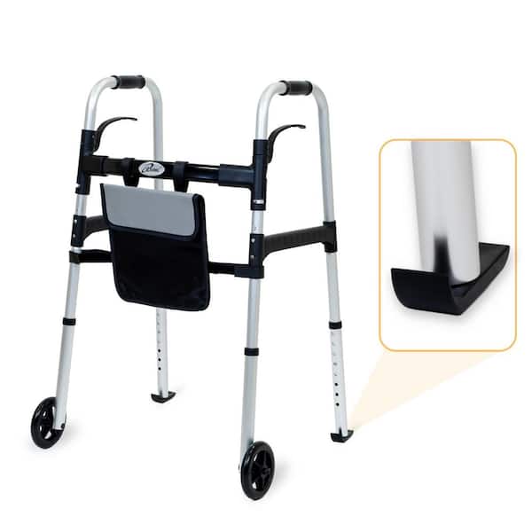iLIVING Easy Folding Rolling Walker in Aluminum Silver with Shopping bag Basket and Glide Skis