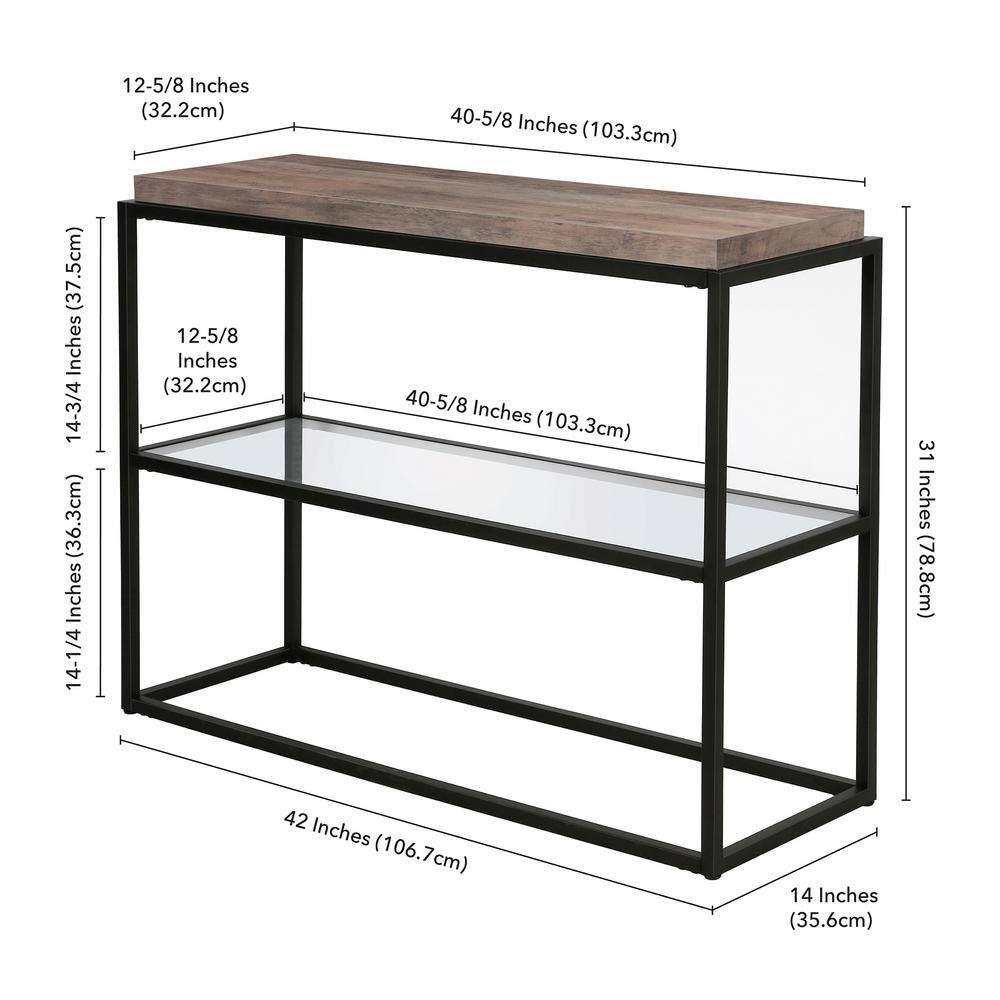 42'' Blackened Bronze and Gray Oak Hallway Table with Glass Shelf