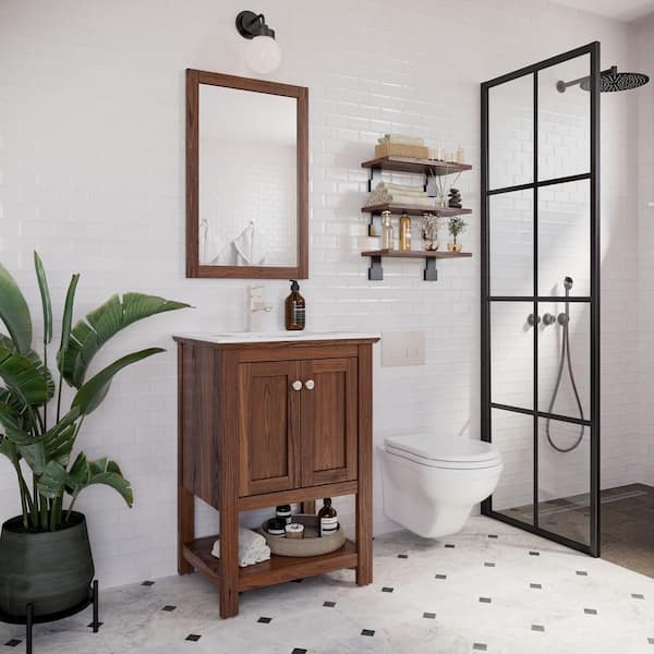 Manchester 24 in. Single Sink Shaker-Style Warm Walnut Bath Vanity with White Quartz Top and Integrated Sink