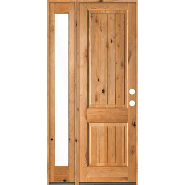 Krosswood Doors 44 in. x 96 in. Rustic Knotty Alder 2 Panel Left-Hand/Inswing Clear Glass Clear Stain Wood Prehung Front Door w/Sidelite