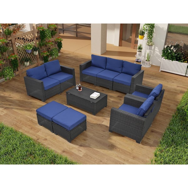 Unbranded 10 Pieces Wicker Outdoor Patio Furniture Set, Sectional Sofa Set, with Blue Cushions and Tempered Glass Coffee Table